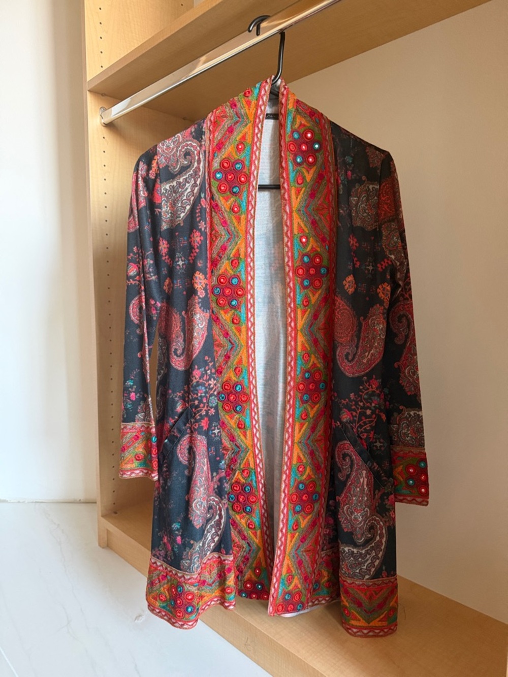 Black Red Kimono Jacket with Multicolor Trim